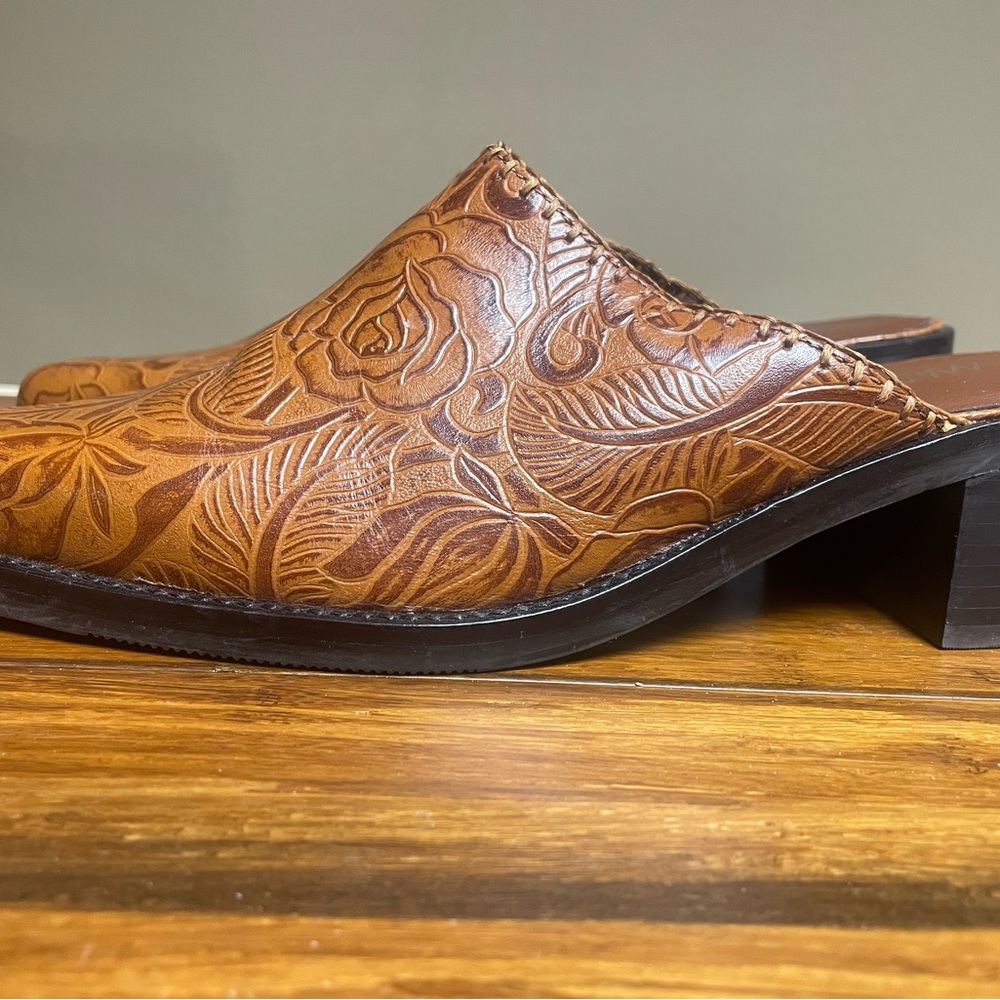 Brown Embossed Leather Mules with Floral Design